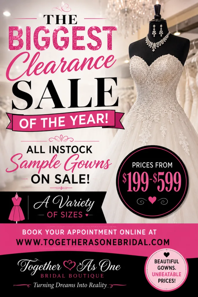 Clearance sale flyer for in-stock sample gowns